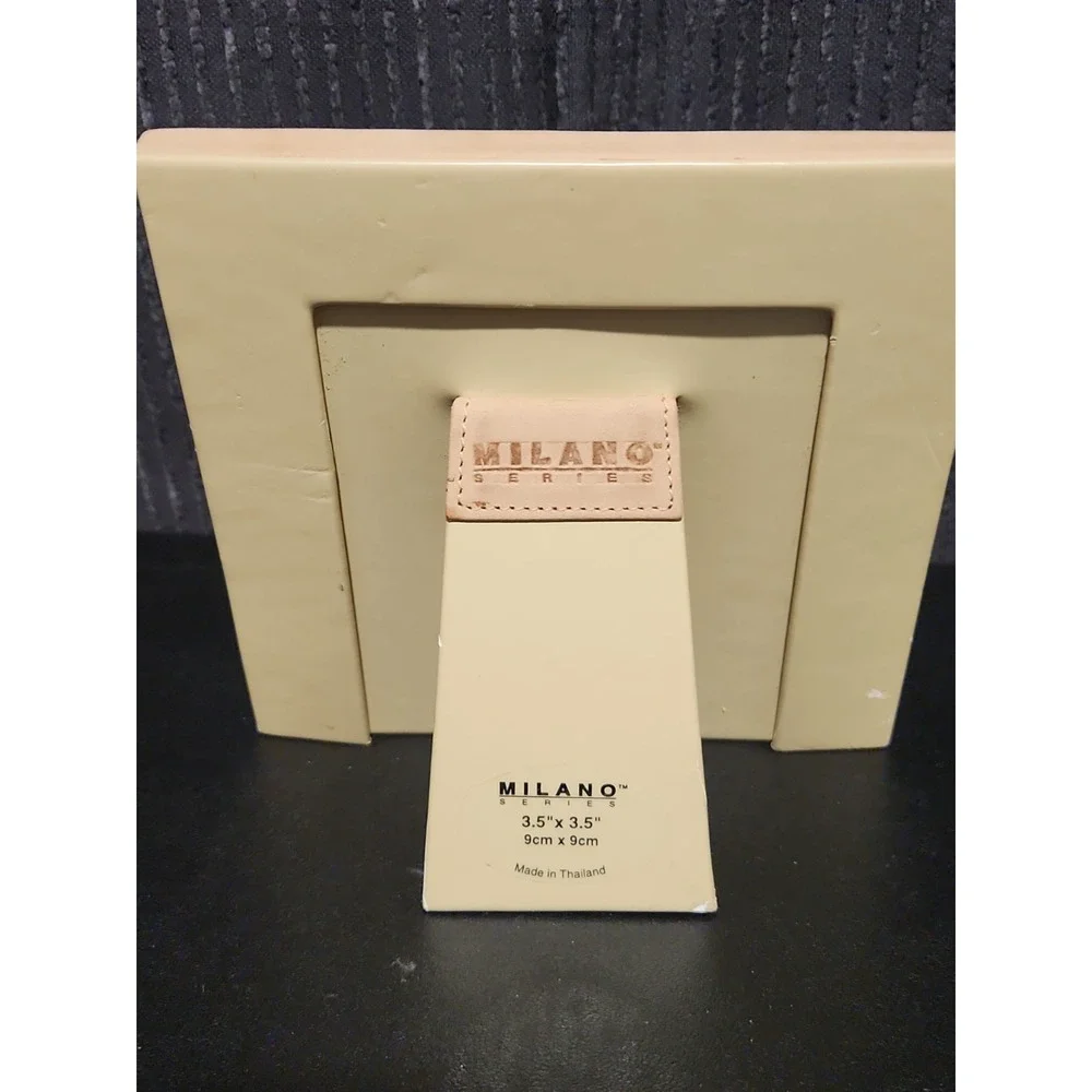 Milano Series Tan Leather Square Picture Frame 3.5x3.5 Tabletop Easel Back